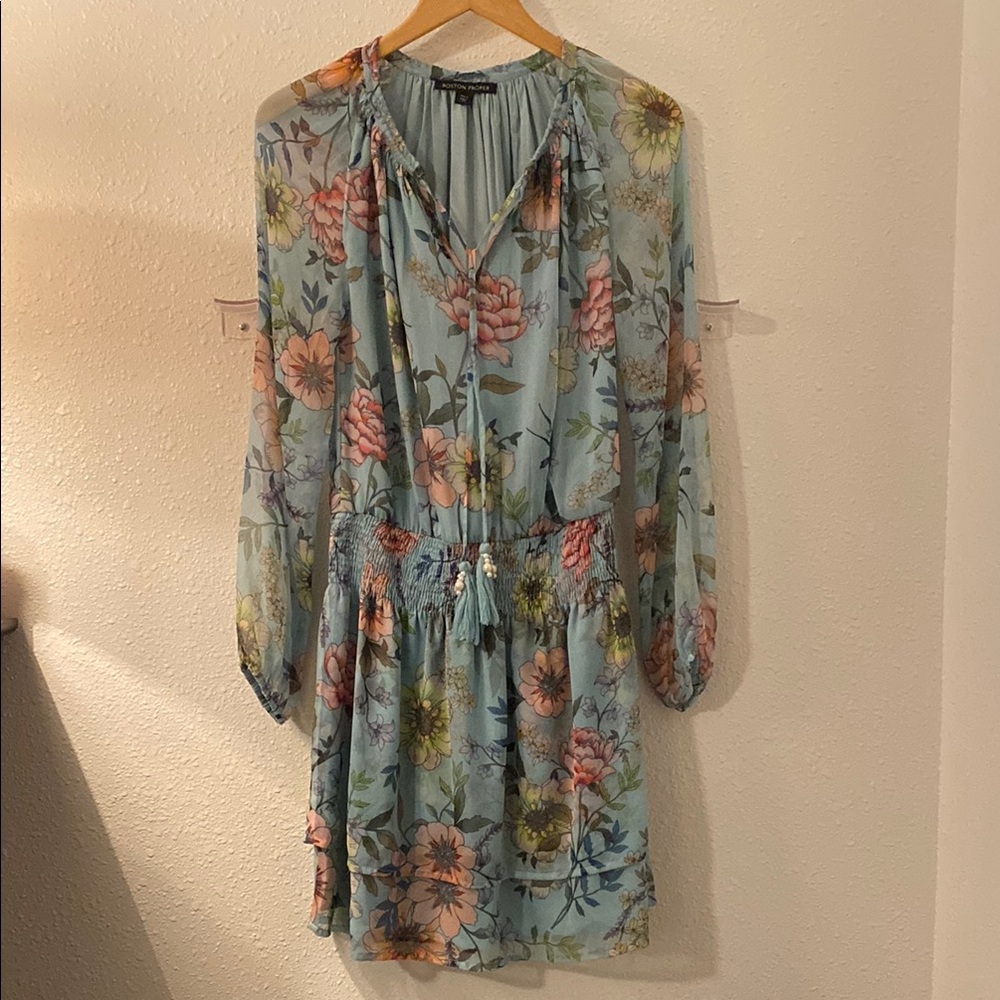 Boston Proper Ruffled Tiered Dress with Bishop Sleeves